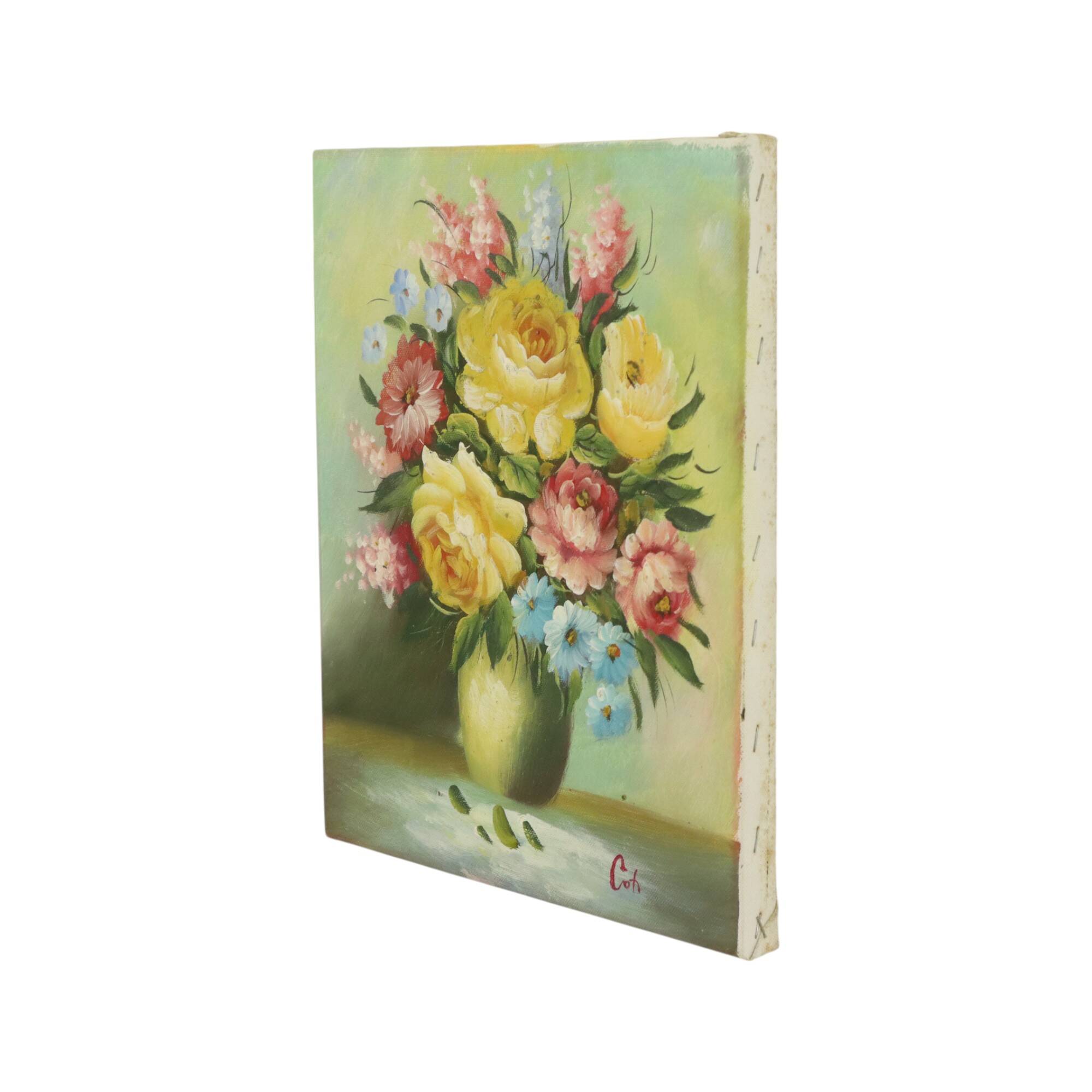 Flowers in Vase Still Life Painting Amateur Signed 27cm