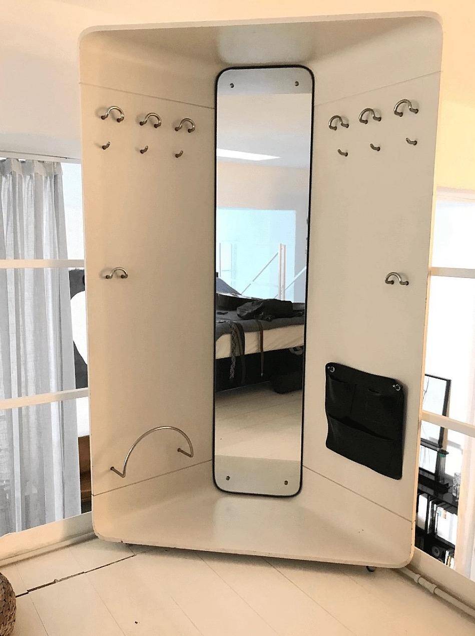 1960s Mid-Century Modern White Wood Corner Coat Hanger with Mirror