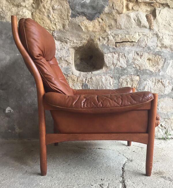 fauteuil Scandinave En Teck Et cuir 1960