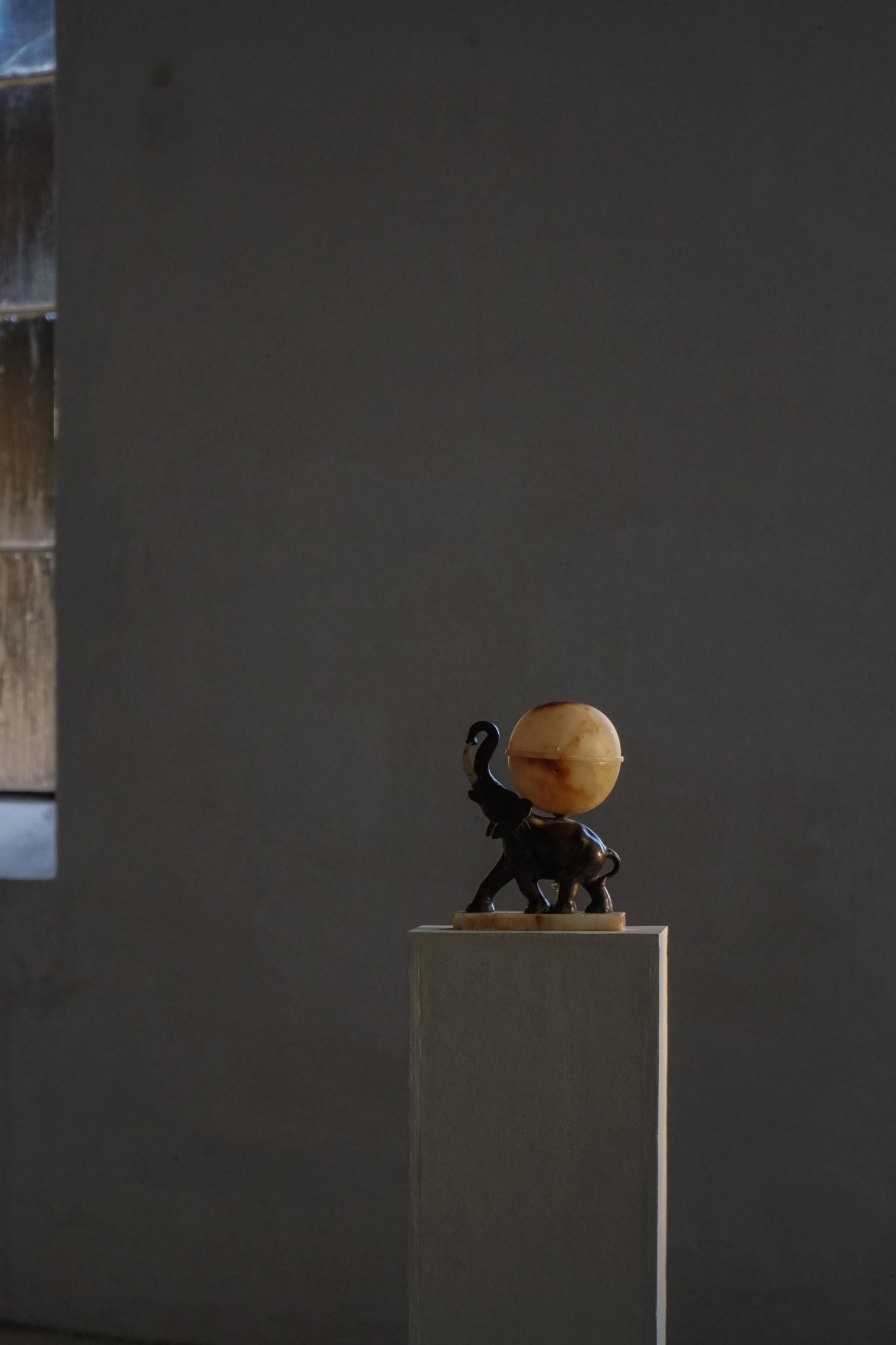 Art Deco Table Lamp, Elephant with Alabaster Globe, Early 20th Century, 1930s