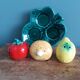 Salt and pepper shaker vegetables on a slipware leaf signed FPP Vallauris.