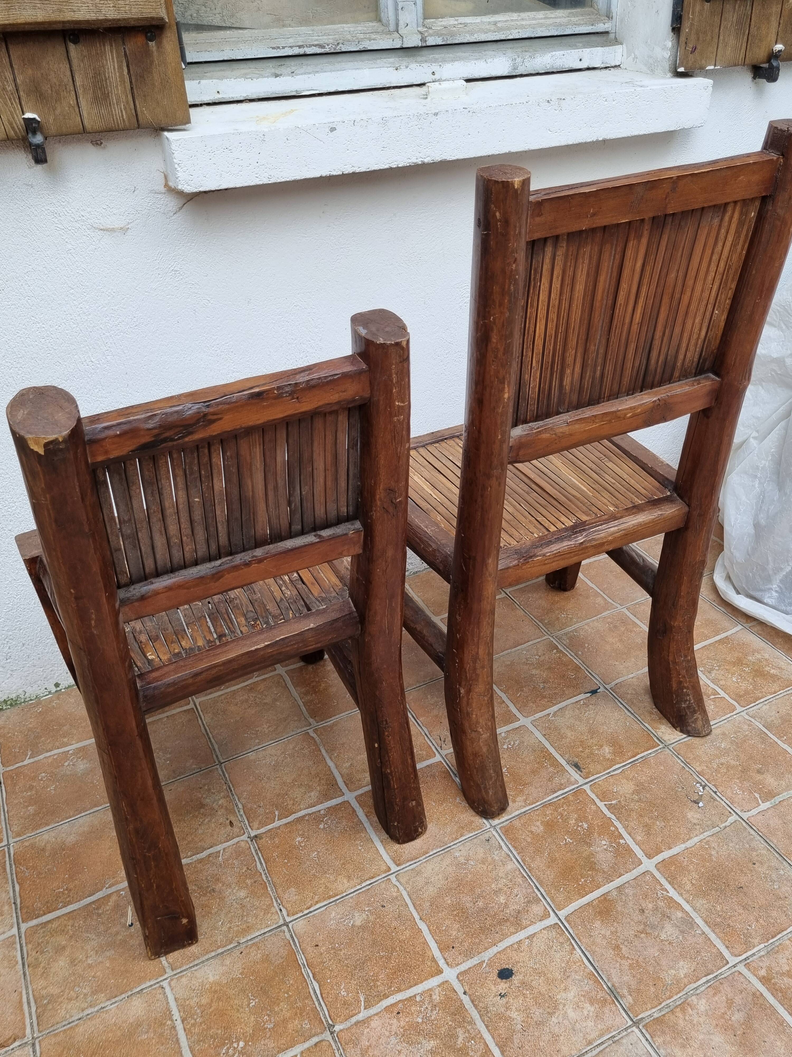 Pair of solid wood and bamboo chairs, brutalist style, 90 cm