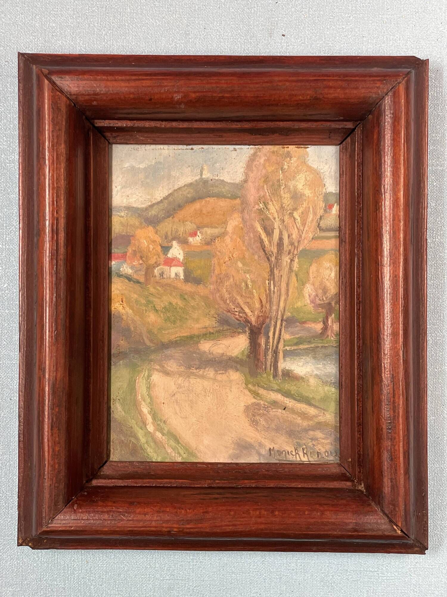 Small landscape painting on hardboard in molded natural wood frame, Monick Renou