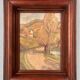 Small landscape painting on hardboard in molded natural wood frame, Monick Renou