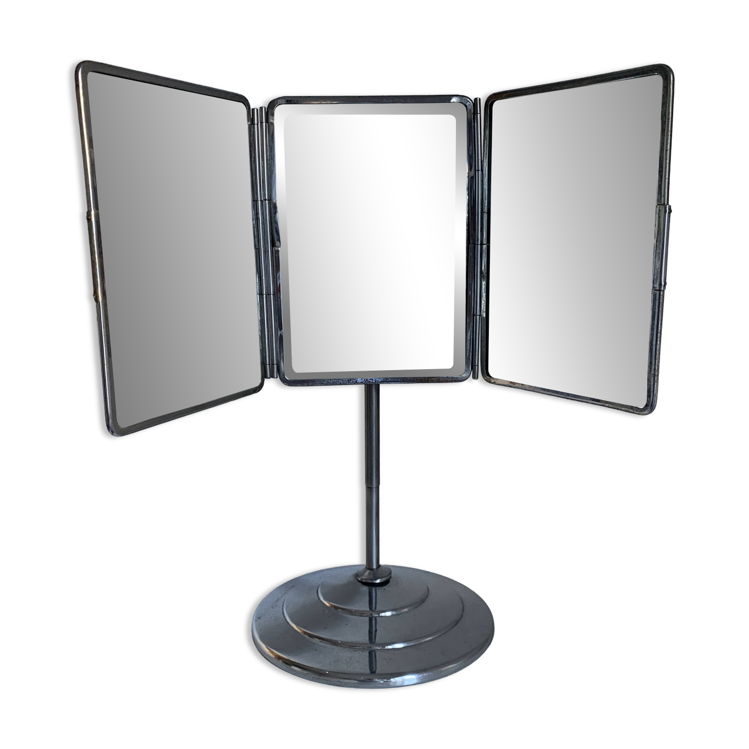 Miroir vintage 1940 triptyque barbier pied biseauté - 40 x 35 cm