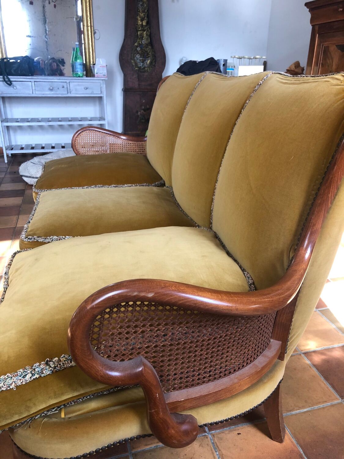 Louis XV style 3-seater sofa with cane armrests