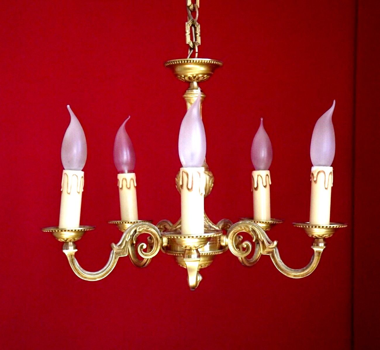 French 5 light quality bronze chandelier scroll acanthus leaf arms
