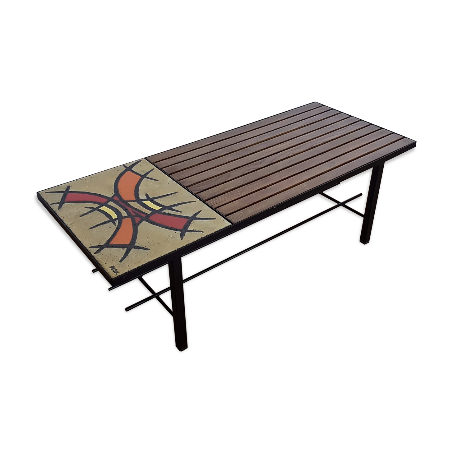 Coffee table vintage iron lava stone and wood