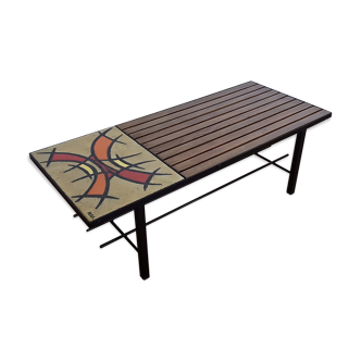 Coffee table vintage iron lava stone and wood