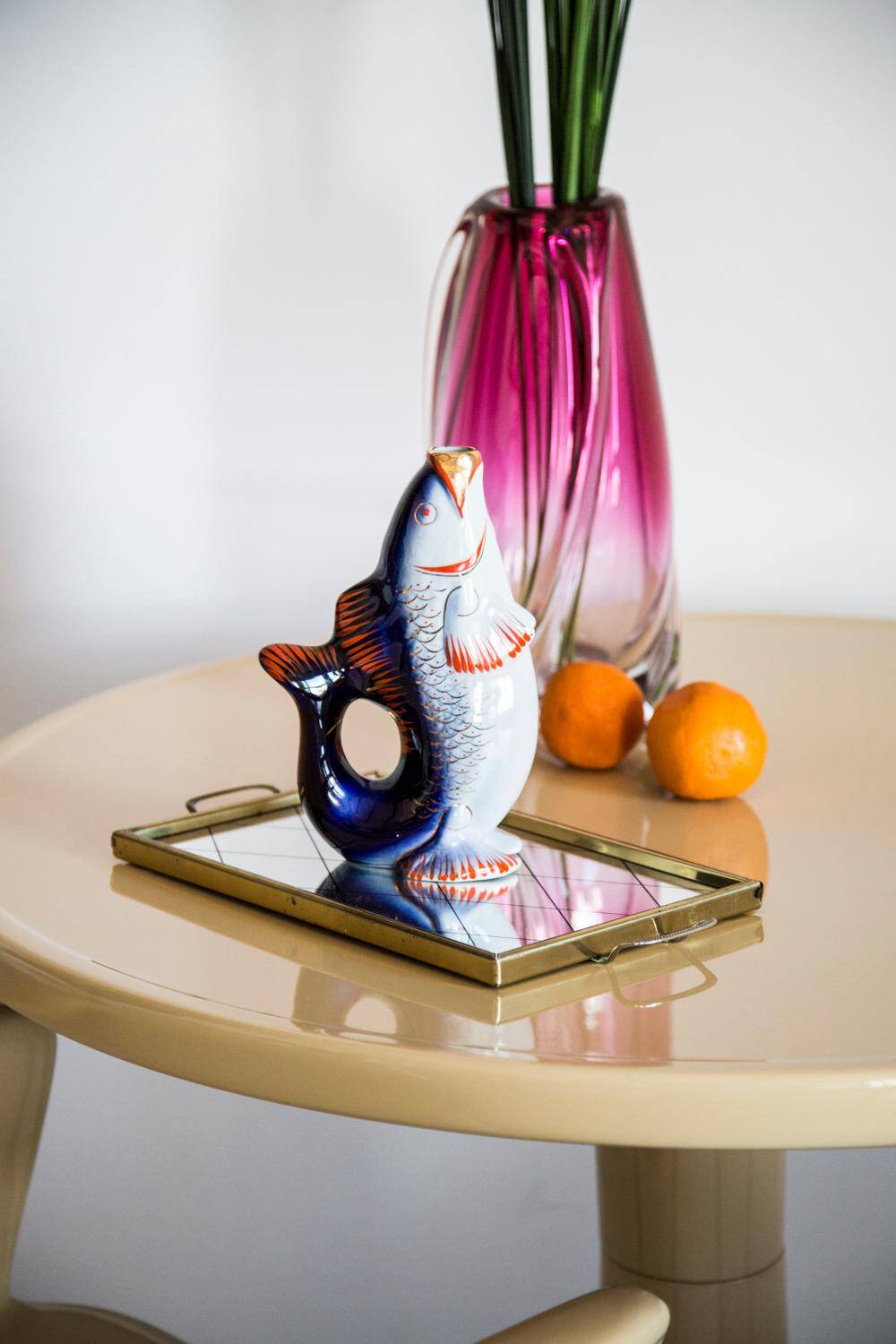 Glass and Porcelain Carafe or Vase with Blue Fish, Europe, 1960