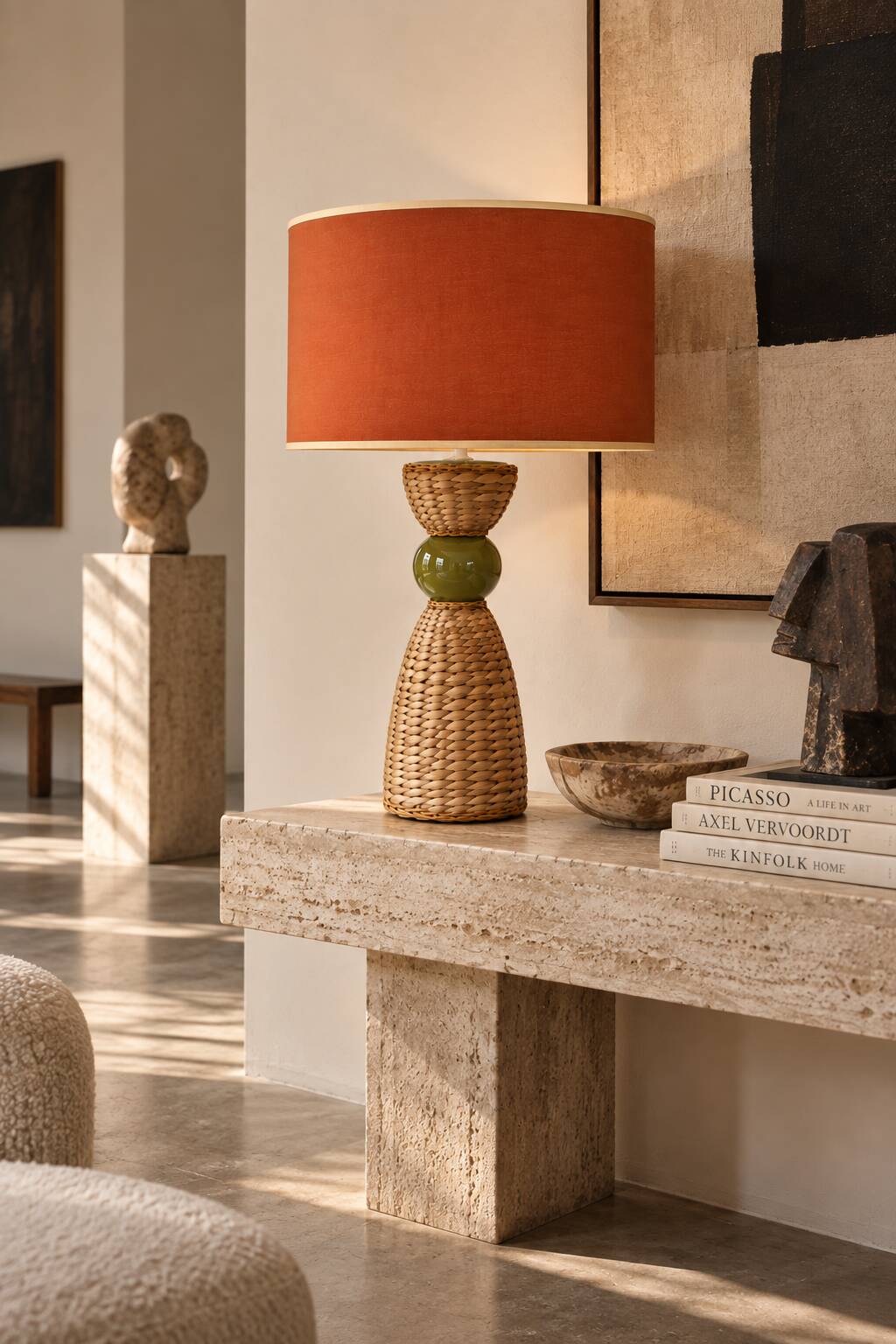 Large vintage sculptural lamp from the 60s/70s – olive green ceramic & very fine fibres.