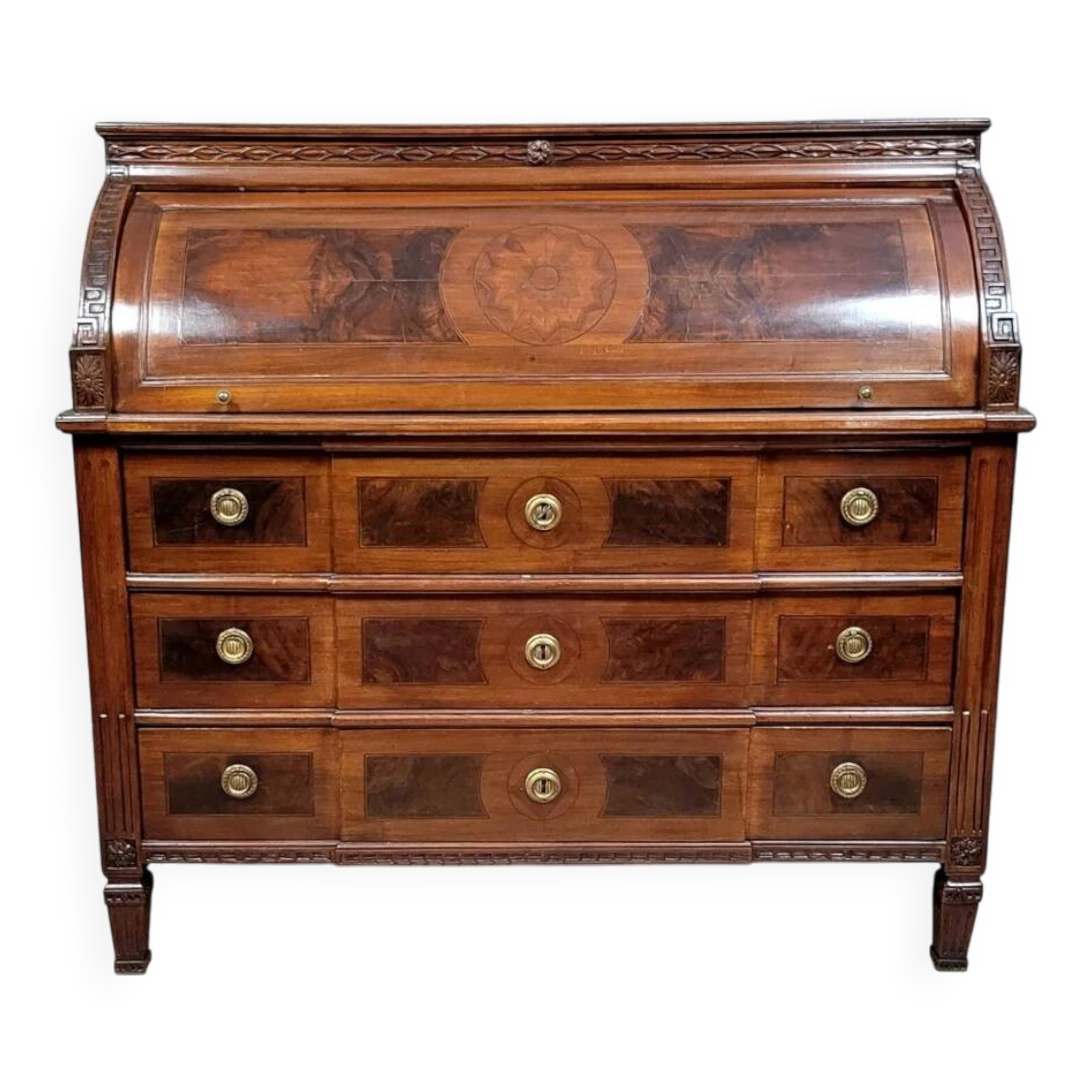 Louis XVI period cylinder chest of drawers in marquetry circa 1760