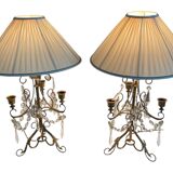 Pair of lamps, 3-light candlesticks, shabby chic, glass tassels, pendants, pleated fabric lampshade