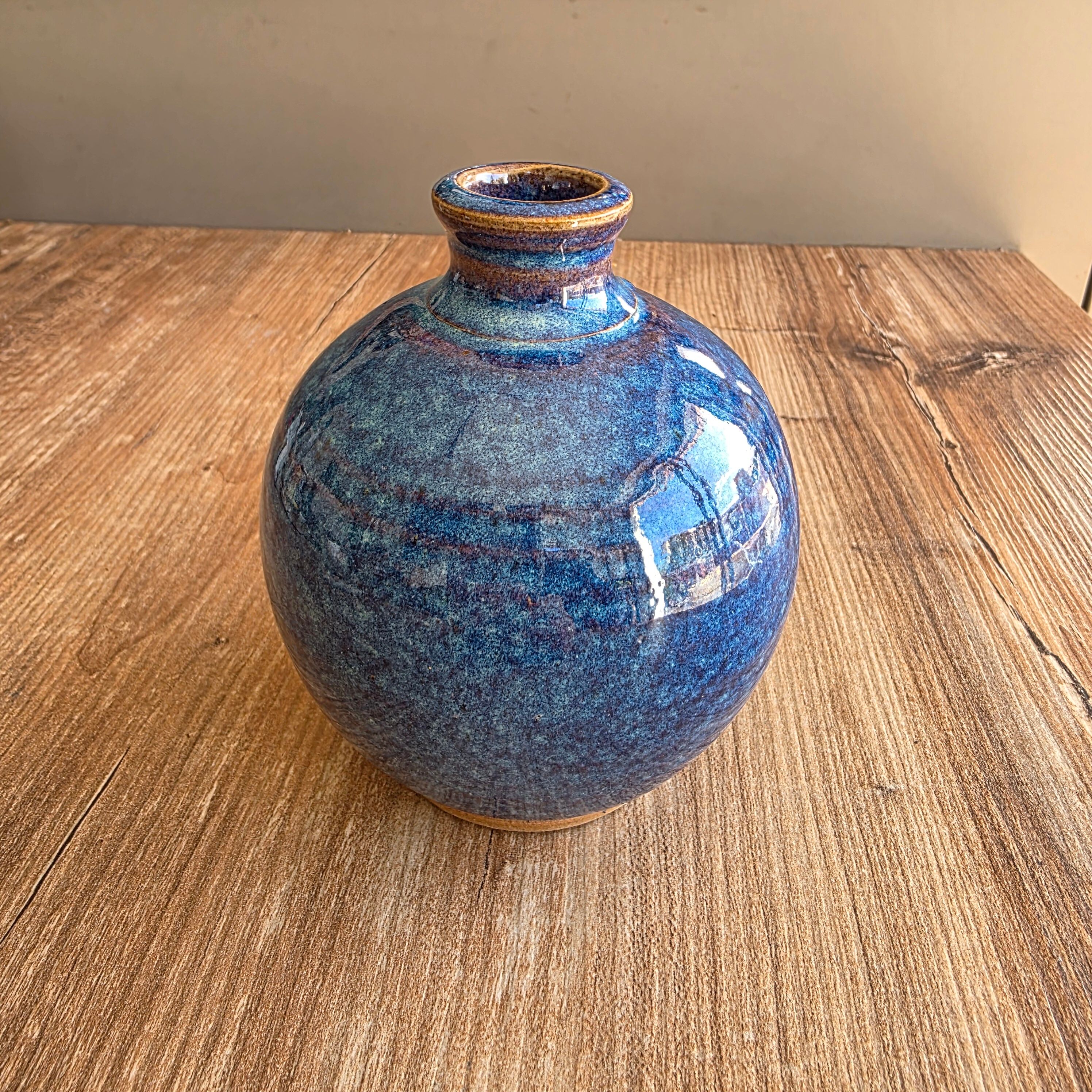 Vintage Glazed Stoneware Ball Vase - Deep Variegated Blue - Signed