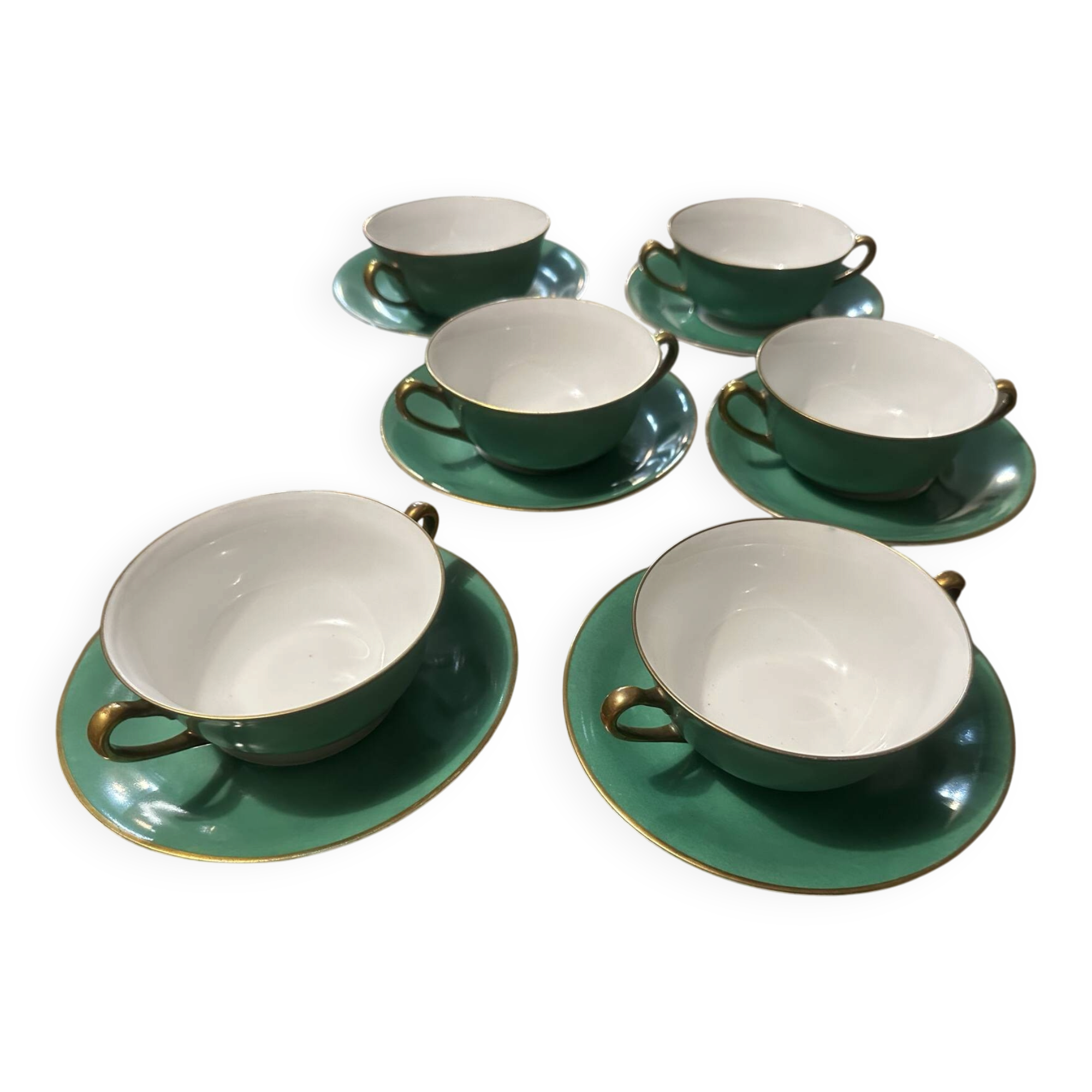 Service Art Déco de 6 tasses à double anses en porcelaine de Limoges