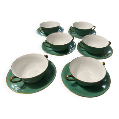 Service Art Déco de 6 tasses à double anses en porcelaine de Limoges