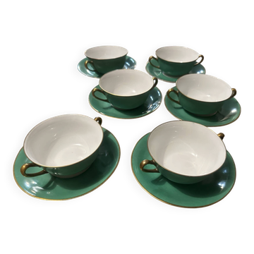 Art Deco service of 6 double-handled cups in Limoges porcelain