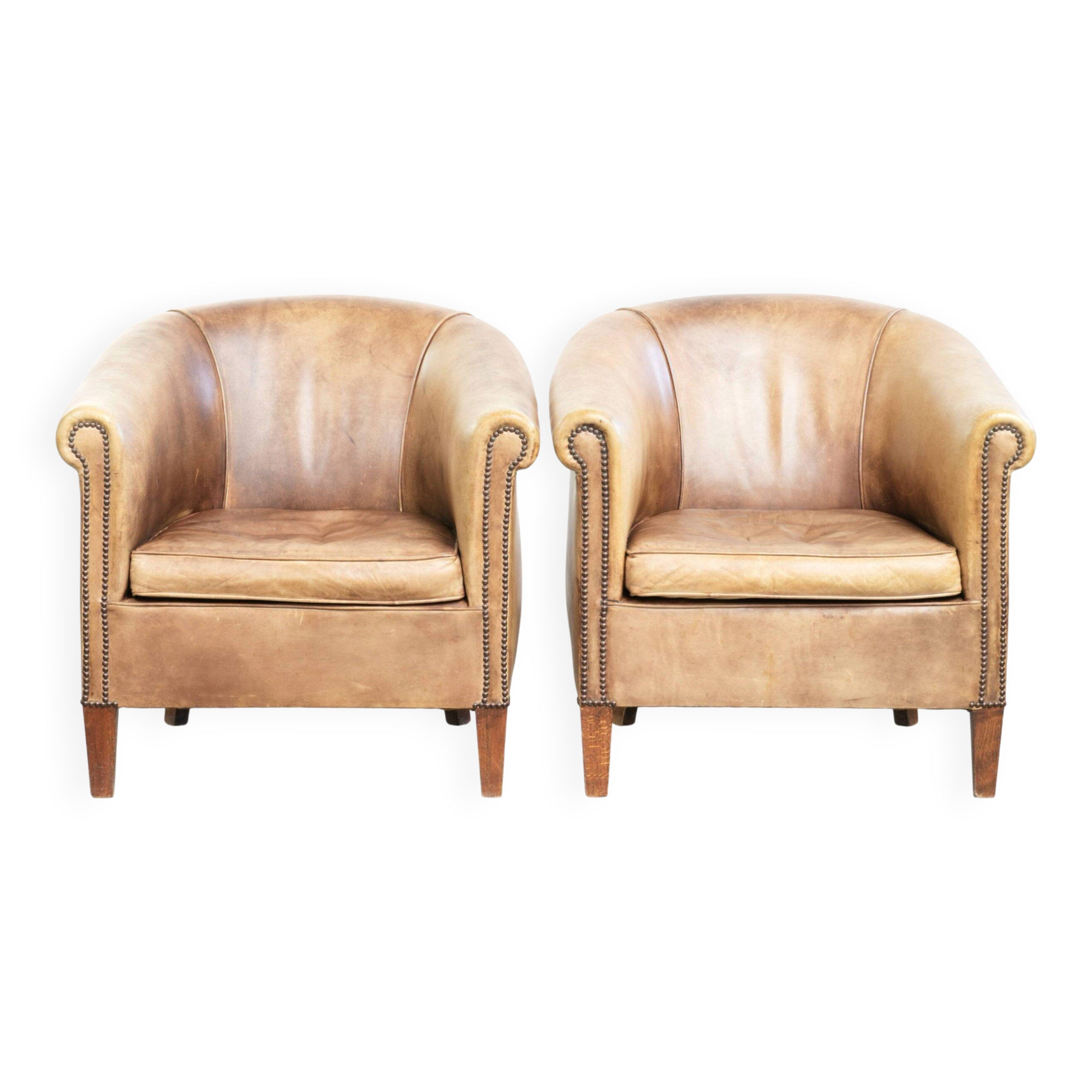 Set of two vintage cowhide club armchairs in English style