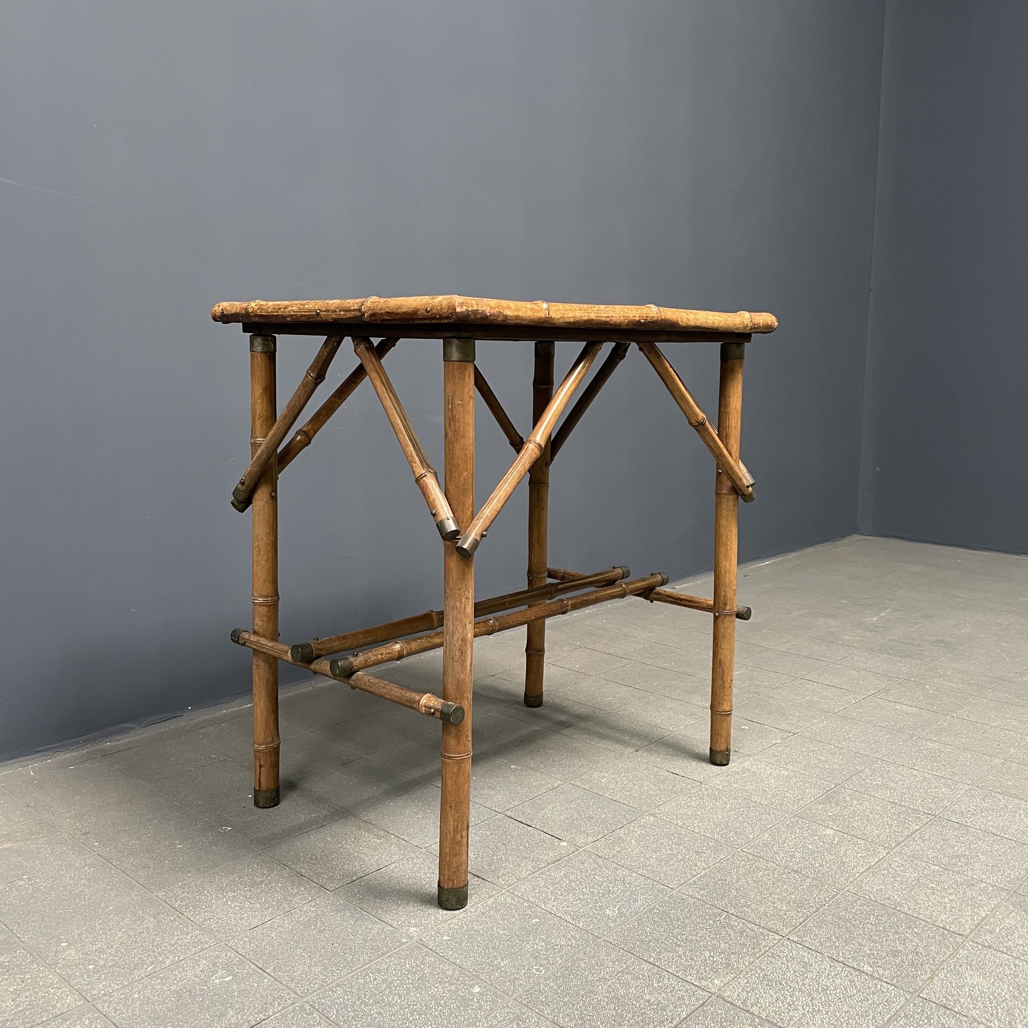 Bamboo side table with mirror top from France, 1940s