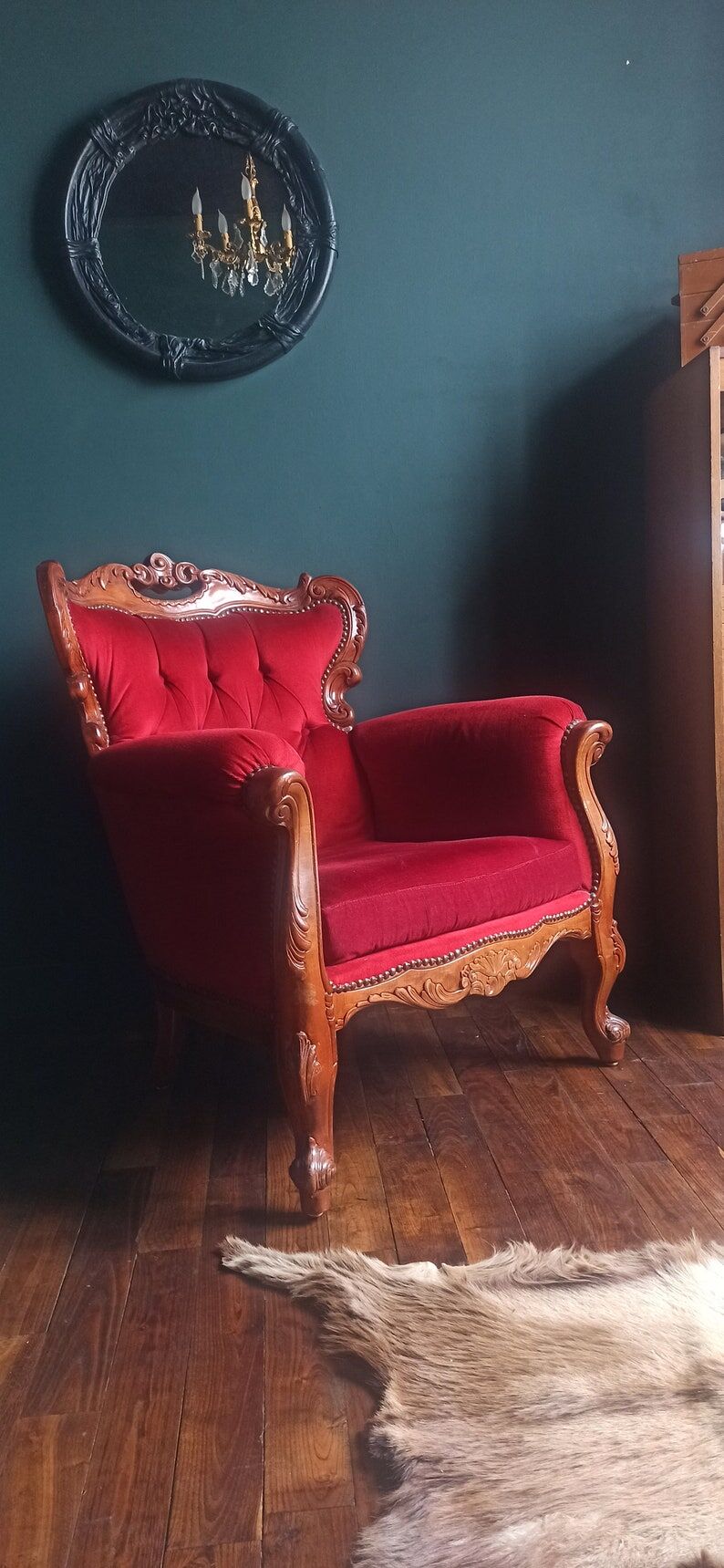 Wooden armchair carved baroque style in burgundy red velvet