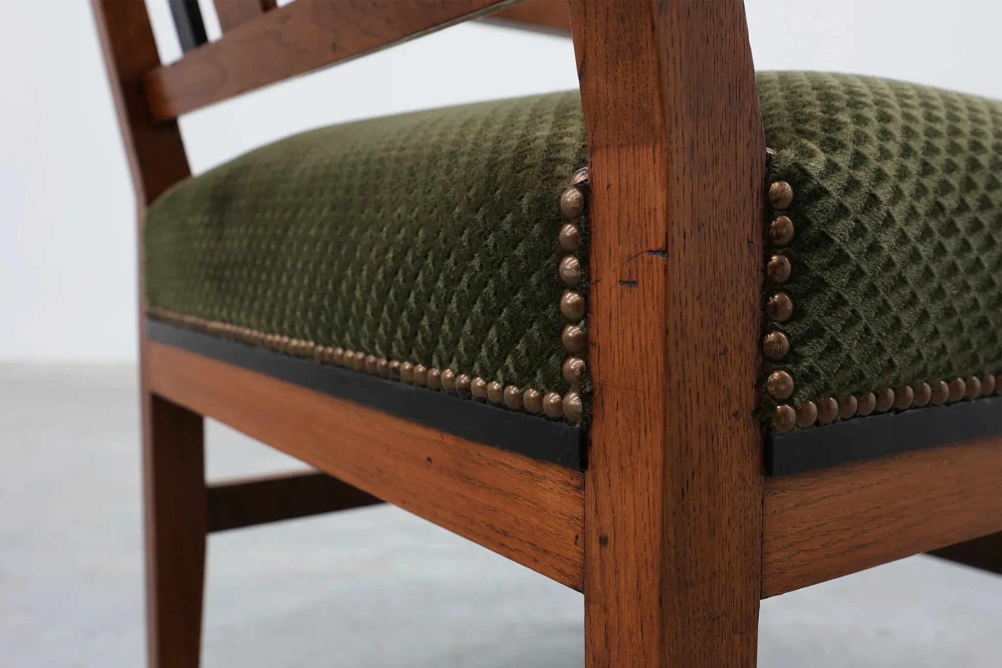 Amsterdamse School Oak Armchair with Green Velvet Seat, Netherlands, 1920s