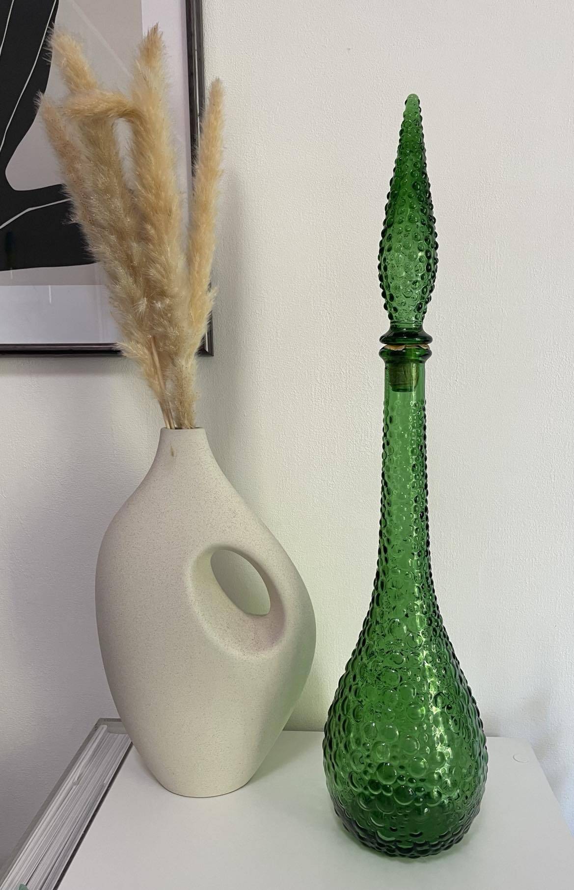 Vintage Empoli carafe in green "bubbled" decor glass from the 70s, large model