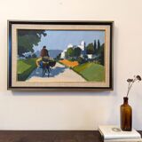Mid-Century Modern "Rider on the Road" Swedish Vintage Street Scene Oil Painting, Framed