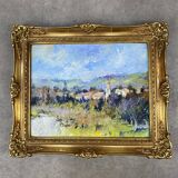 Oil painting on canvas village landscape, gilded frame
