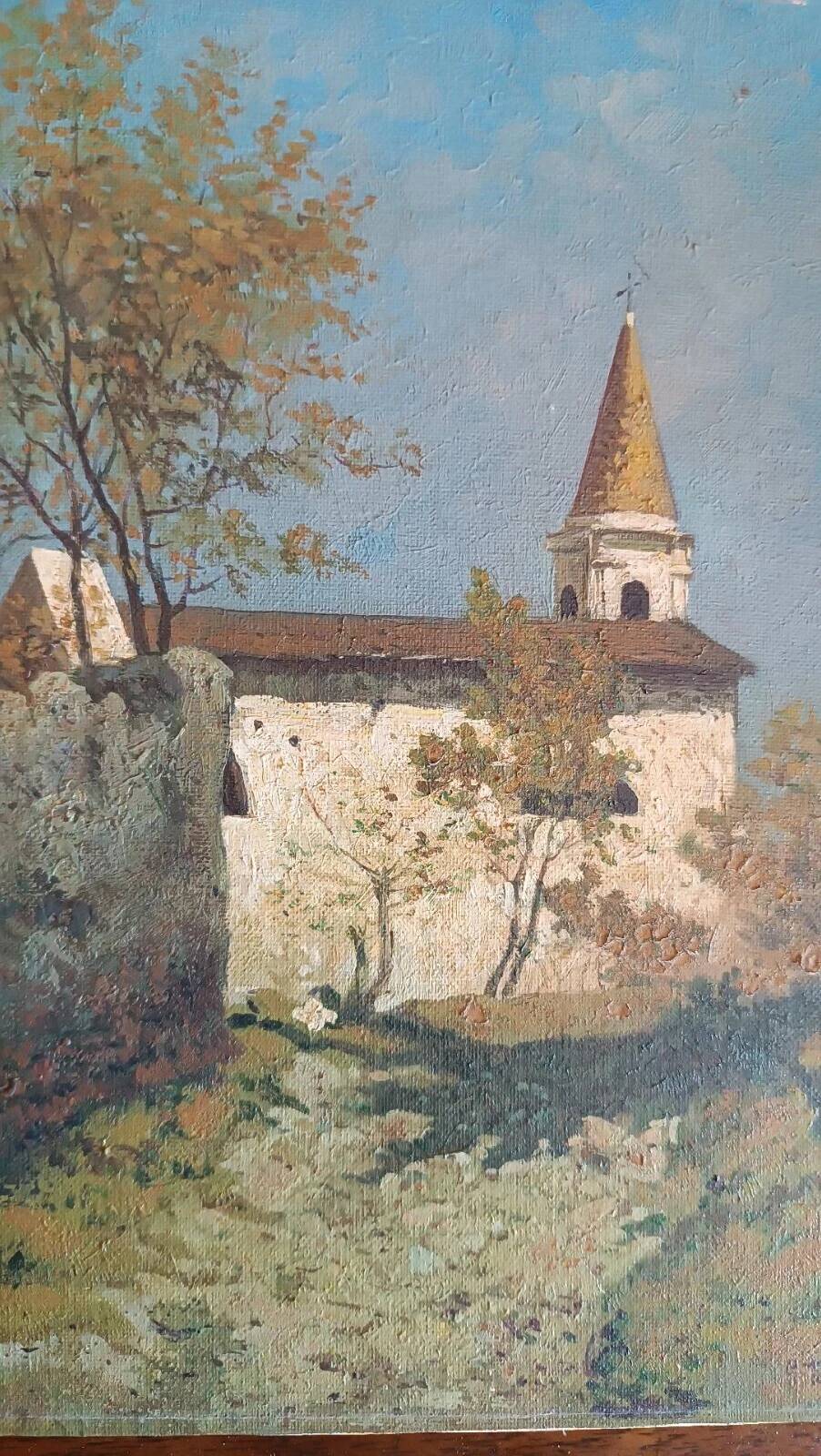 Oil painting on canvas depicting a glimpse of a church - 20th century