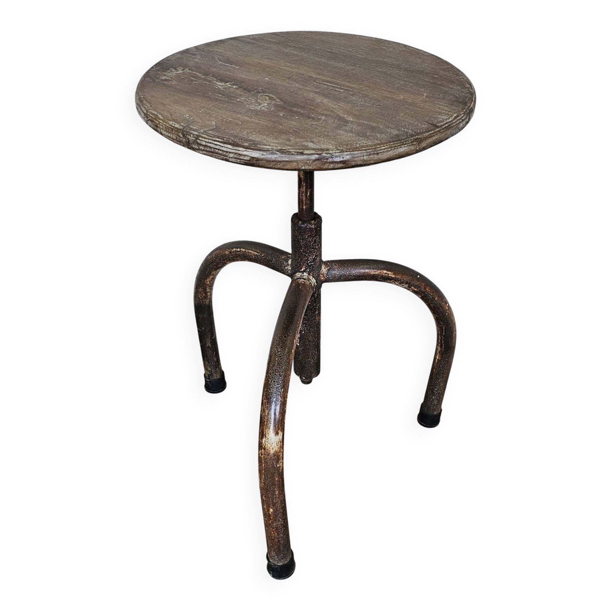 Old workshop stool in teak + wrought iron