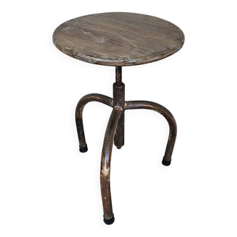 Old workshop stool in teak + wrought iron