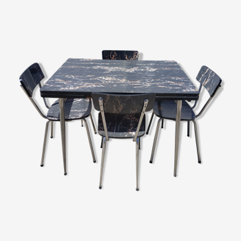 Table de cuisine et chaises en formica imitation marbre d'origine