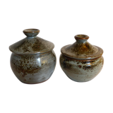 Duo of potter's pots covered in vintage glazed stoneware