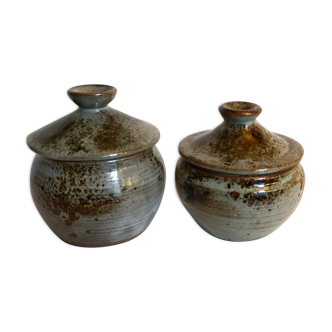 Duo of potter's pots covered in vintage glazed stoneware