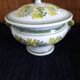 Soup tureen / Sweet jar in HB Quimper earthenware with green and yellow floral decoration - S