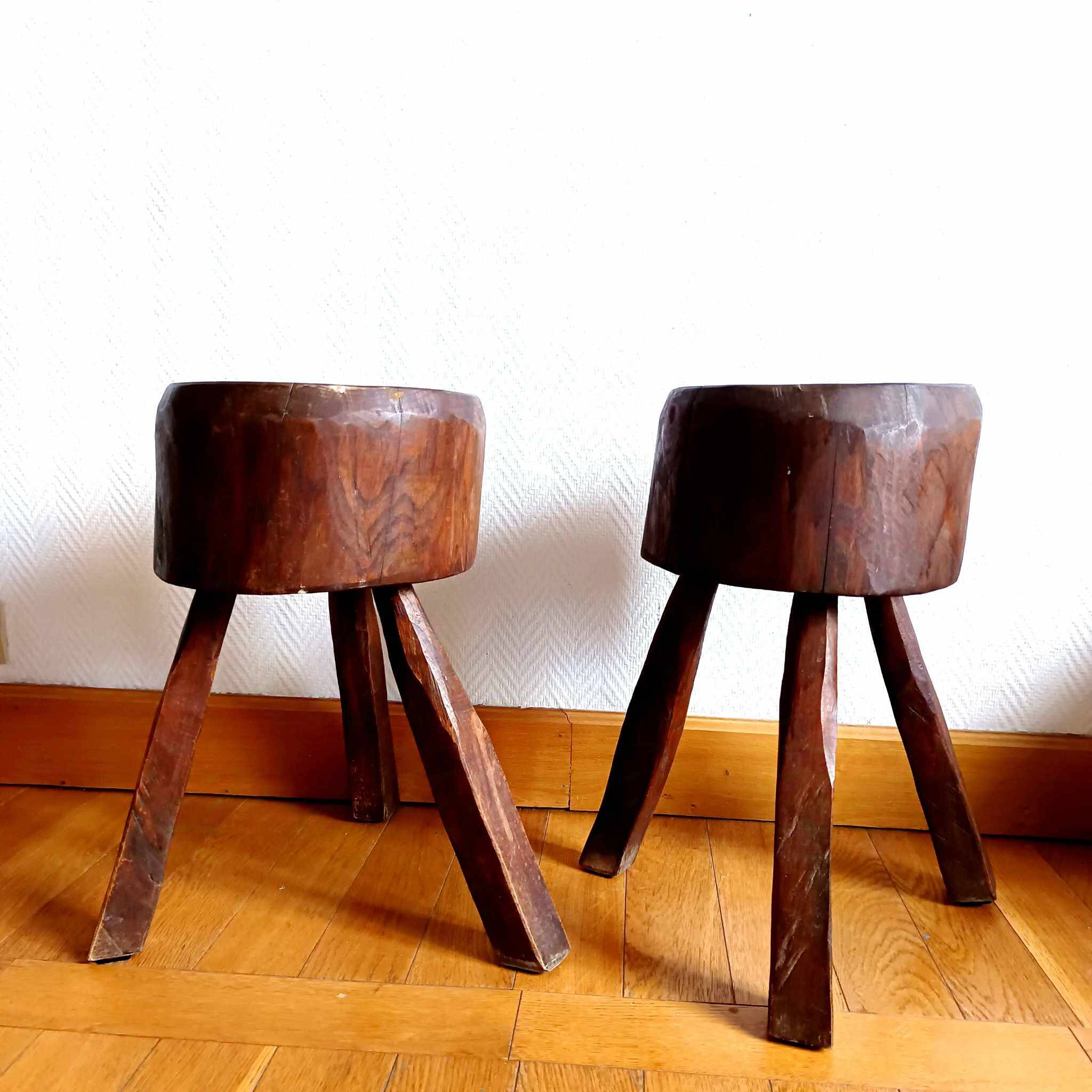 Pair of Brutalist wooden stools, circa 1960