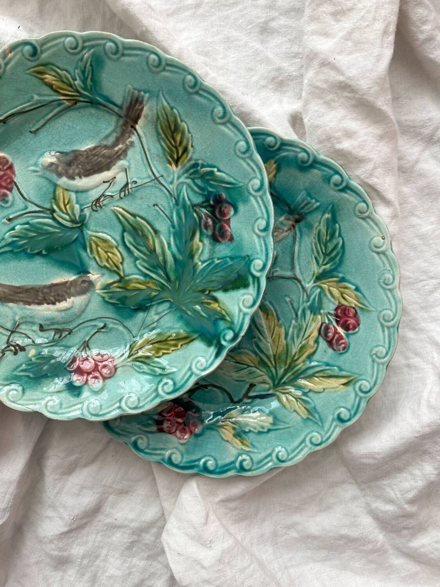Two Onnaing barbotine bird plates, late 19th century