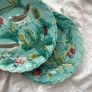 Two Onnaing barbotine bird plates, late 19th century