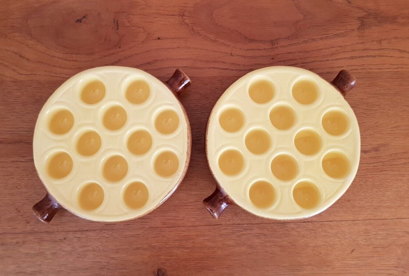 Set of 2 french brown 1 yellow escargot snail cook pots 12 snail wells 3885