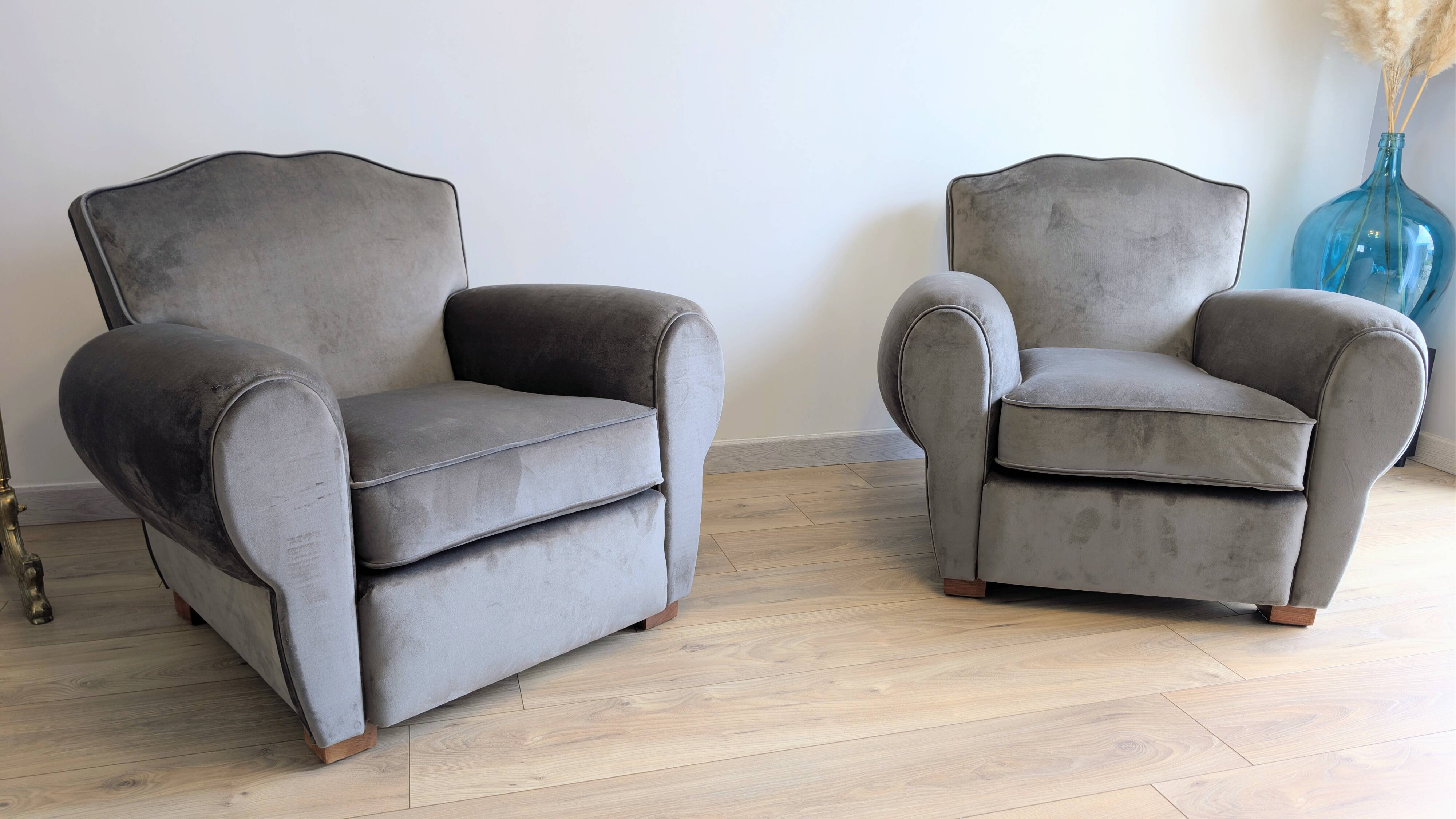 Pair of moustache club armchairs in elephant grey velvet.