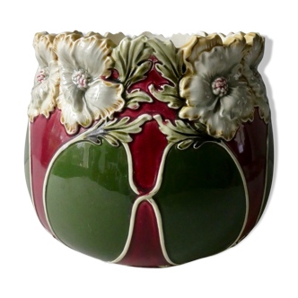 Cache pot en barbotine, décor fleurs, 1900