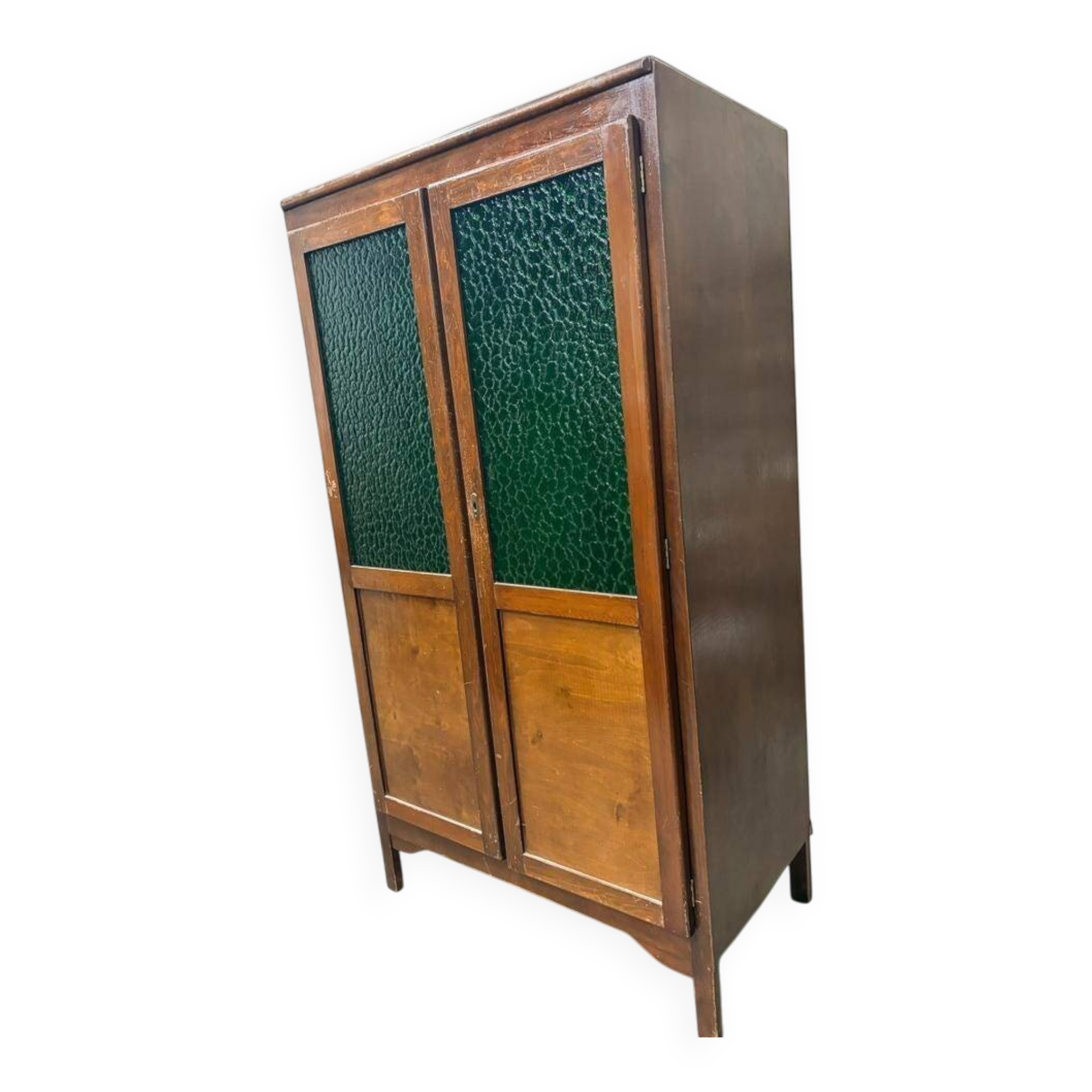 Vintage wooden display cabinet with green glass.