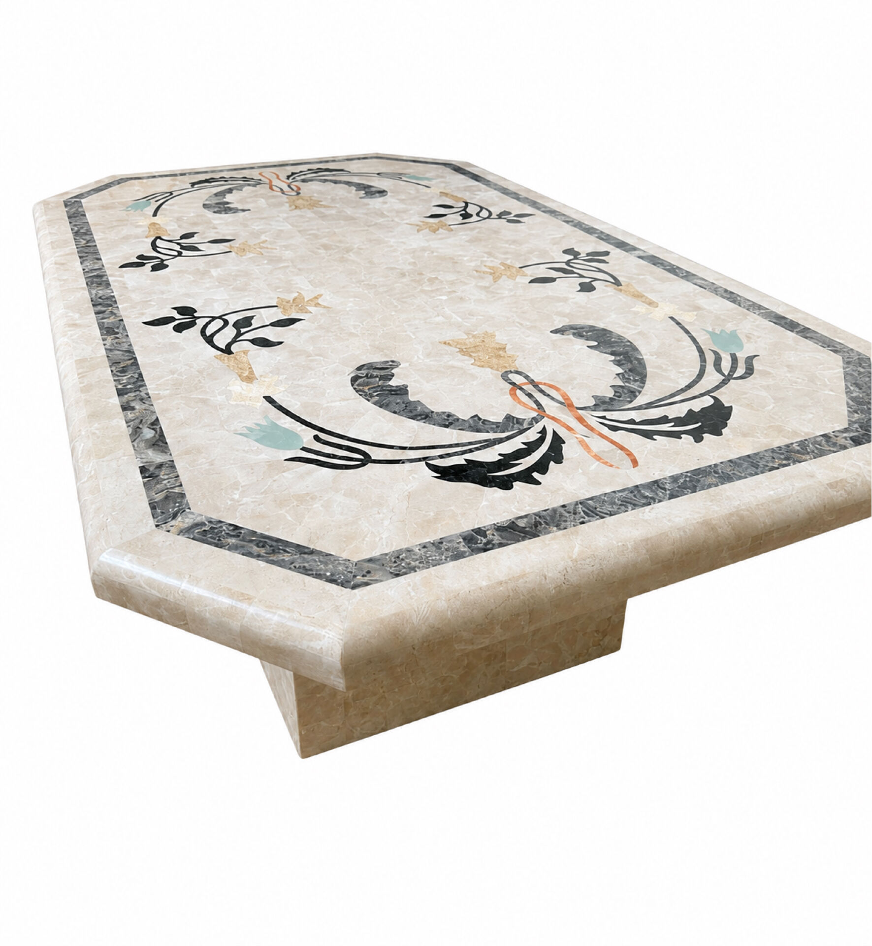 Table basse années 70-80 marqueterie de marbre tessellé -décor florale