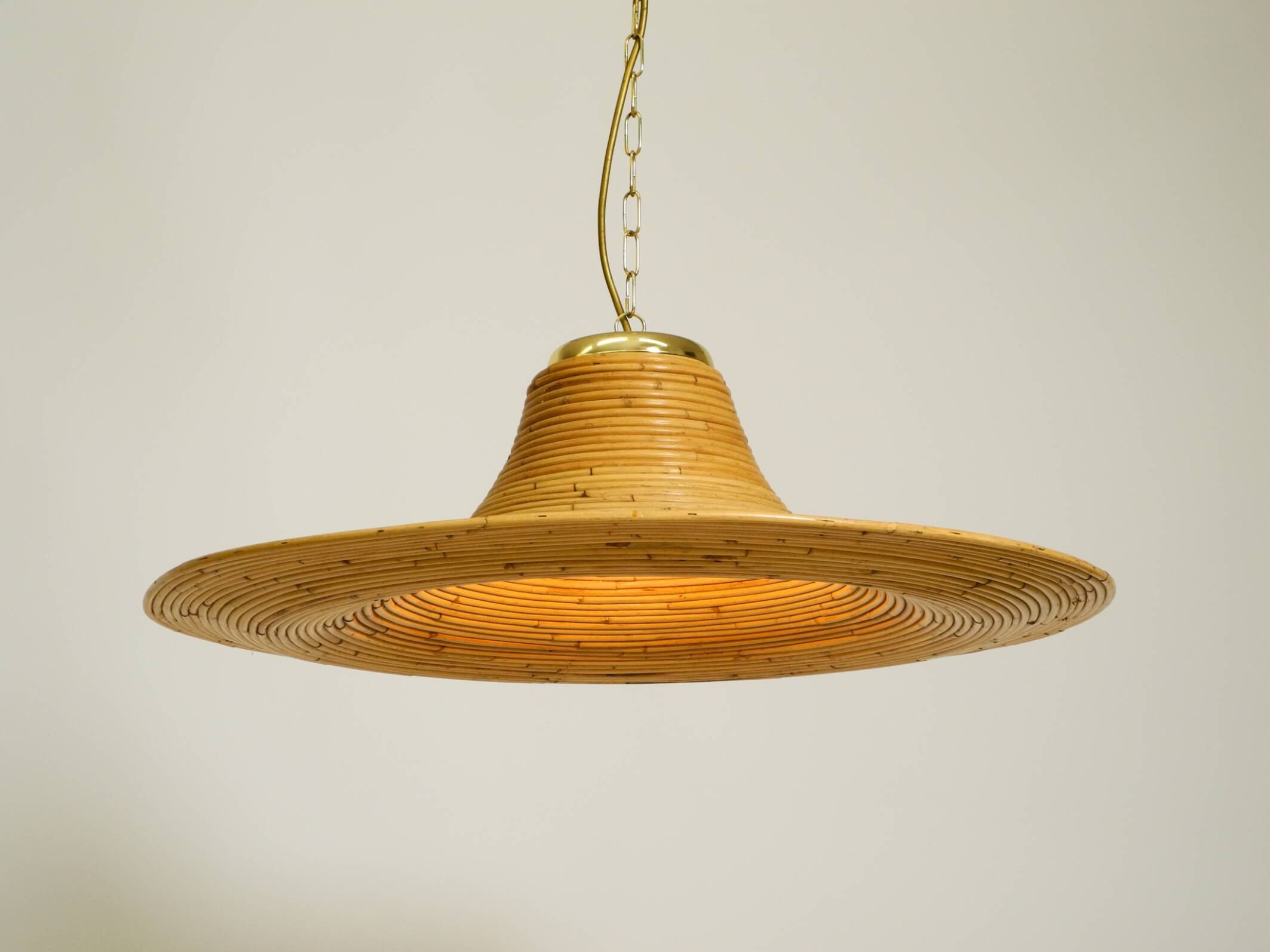 Beautiful, large Italian 1970s bright bamboo wood ceiling pendant lamp