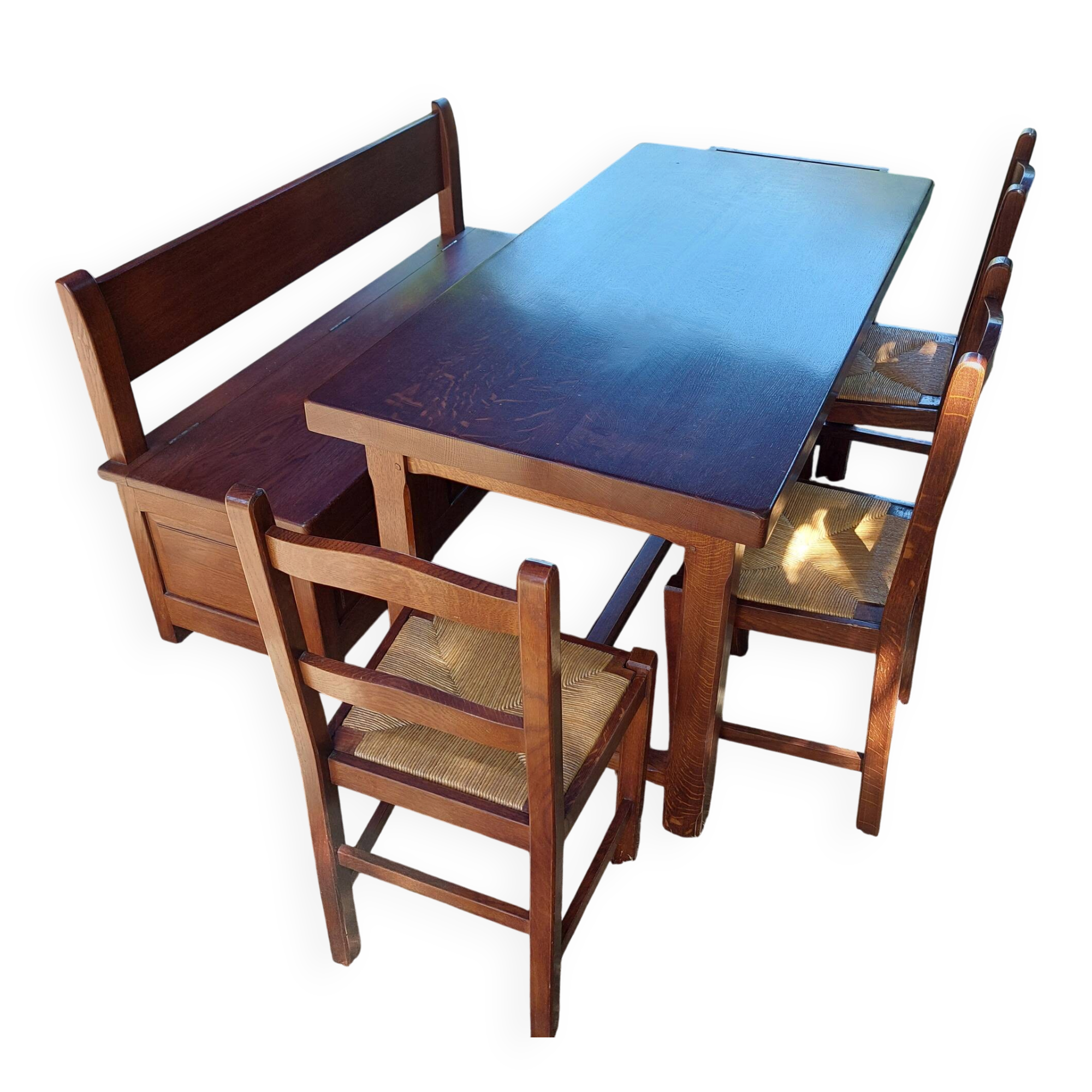 Solid oak farmhouse table + storage bench + 3 chairs + 1 stool
