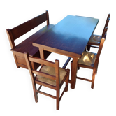 Table de ferme en chêne massif, coffre banc, 3 chaises et 1 tabouret