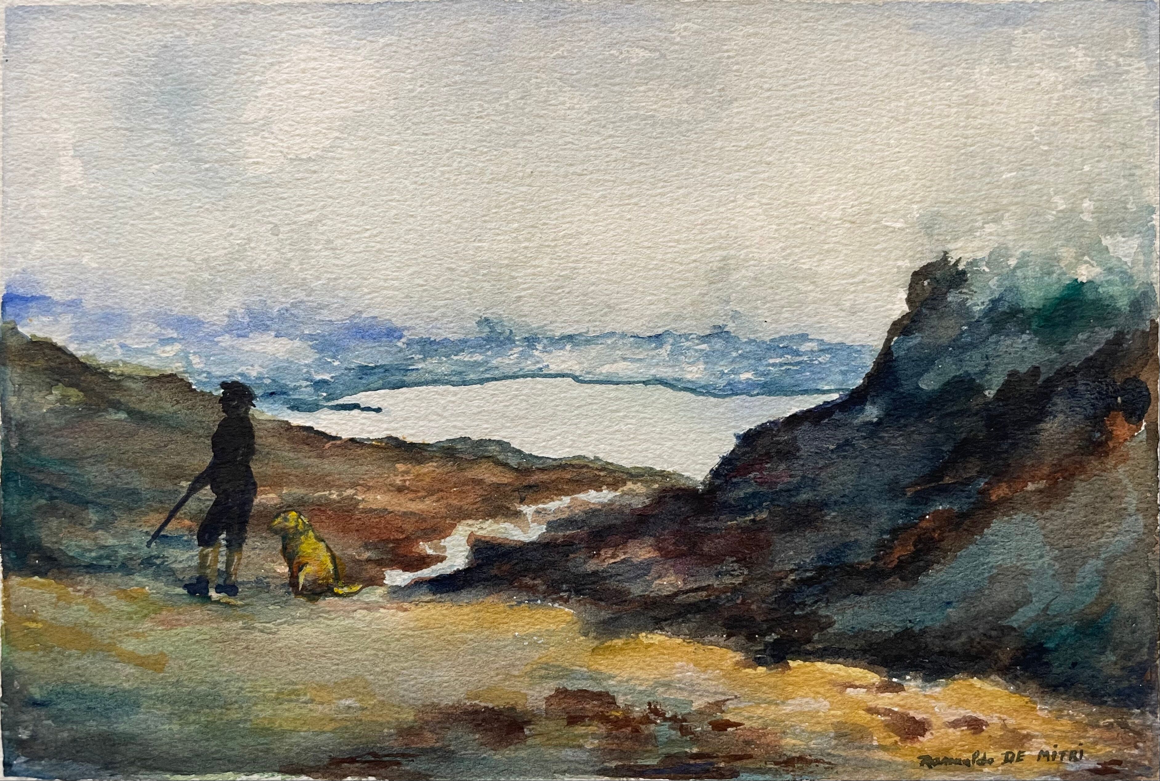 Tableau peinture paysage animé d'un homme et son chien Romualdo de Mitri XXe