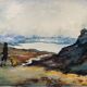 Tableau peinture paysage animé d'un homme et son chien Romualdo de Mitri XXe