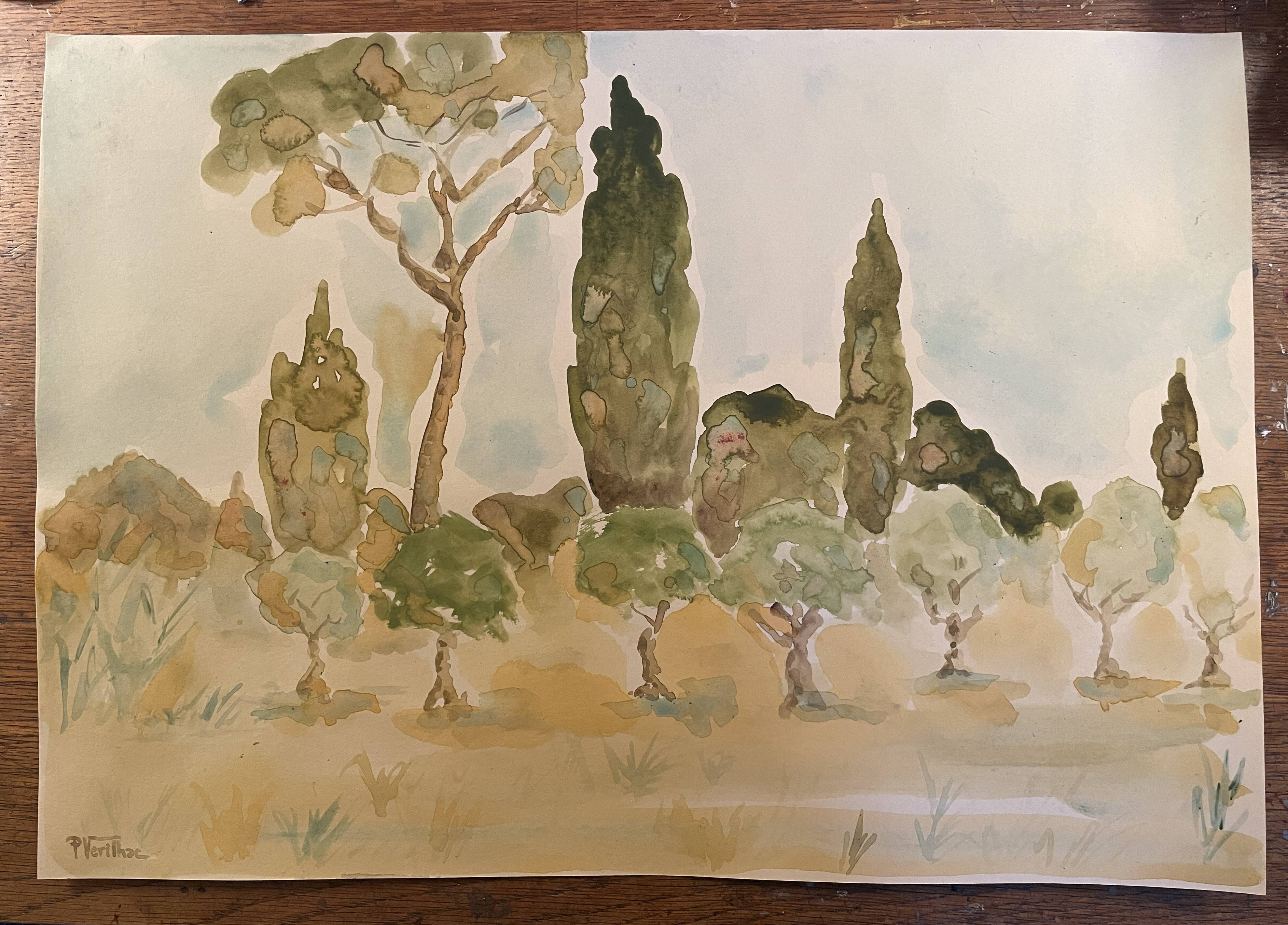 Signed watercolor painting “olive tree field in Provence”