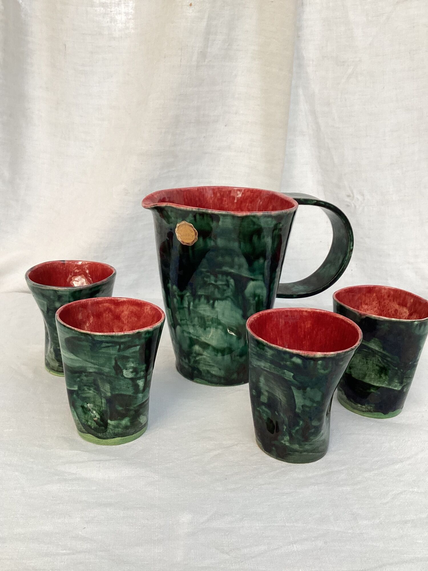 Art pottery of Val-de-Vie M.Clément pitcher with four cups dimension: height -20cm- l